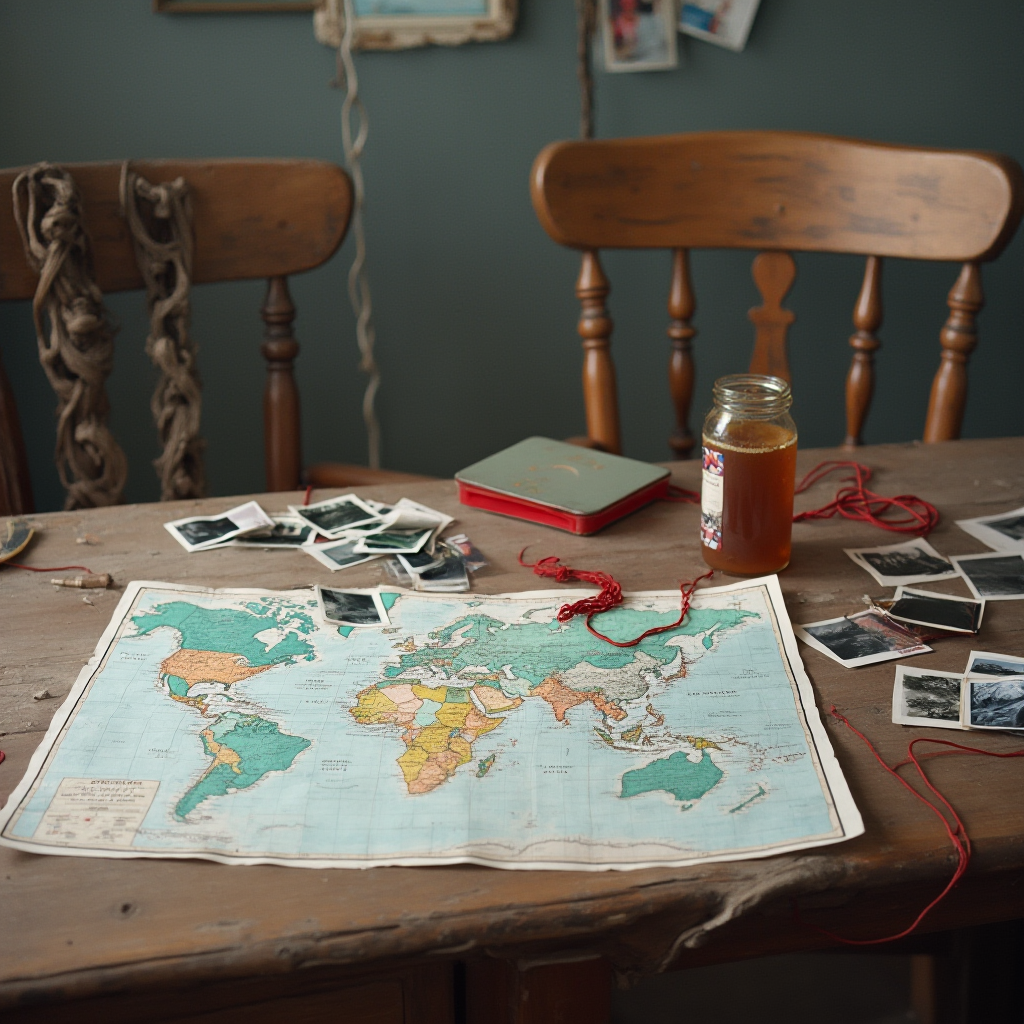 kadr średni: biurko z rozrzuconymi zdjęciami i mapą połączoną czerwoną nitką, w tle poręcz krzesła opleciona kablem od telefonu