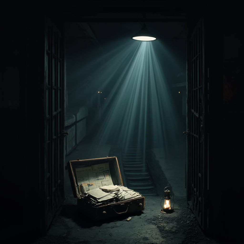 kadr z góry: opuszczony dworzec kolejowy nocą, na peronie walizka otwarta ze stertą starych gazet, światło latarni przecina scenę ukośnymi smugami