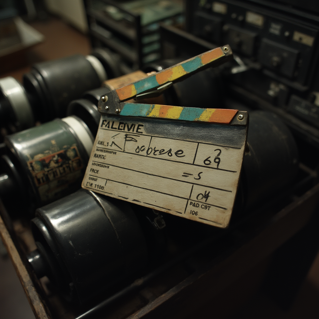 Zbliżenie na klaps filmowy z napisem 'Scorsese', leżący na stojaku z rolkami taśmy filmowej, styl vintage.