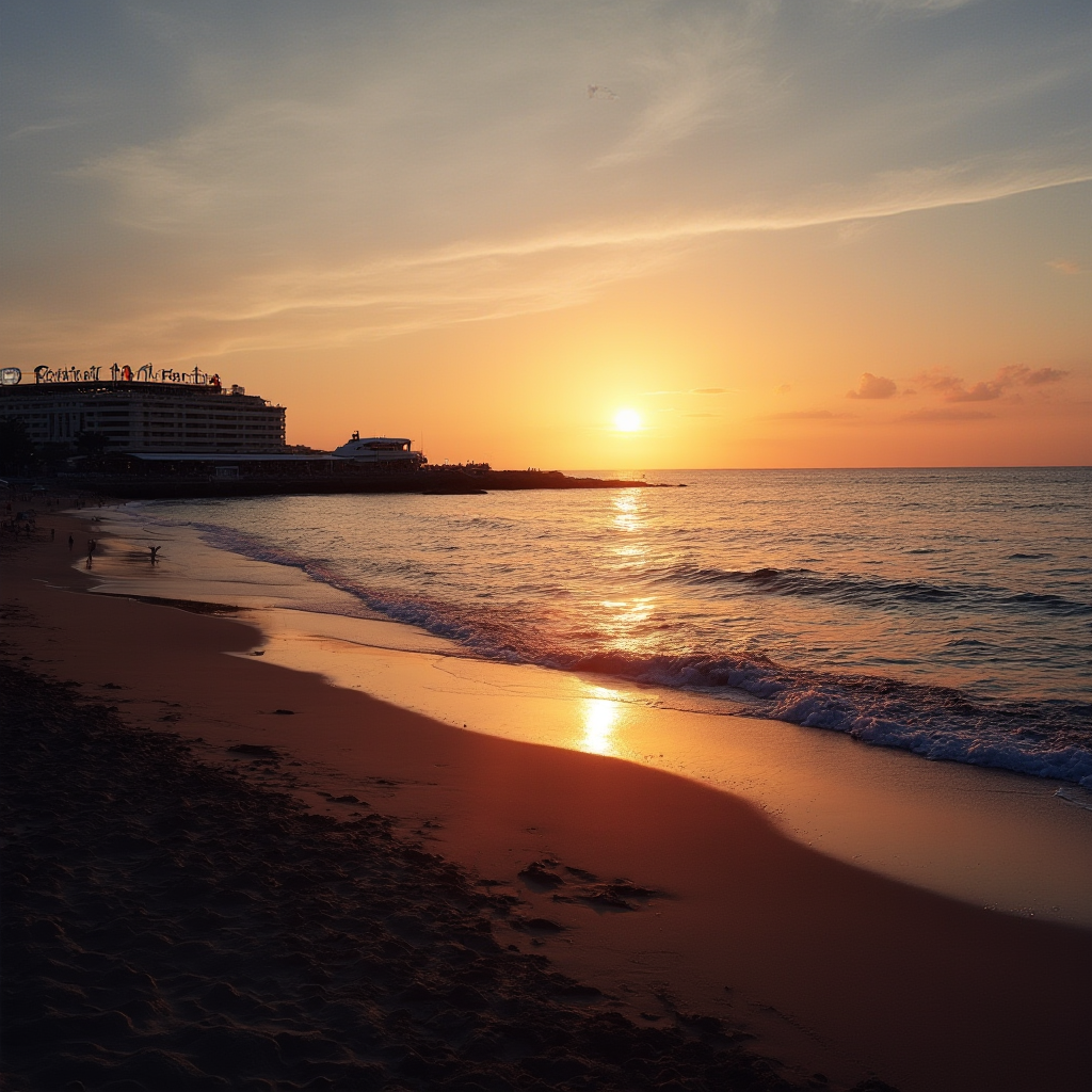 Panoramiczny kadr plaży w Cannes o zachodzie słońca, w tle napis 'Festival de Cannes', styl fotografii reportażowej.